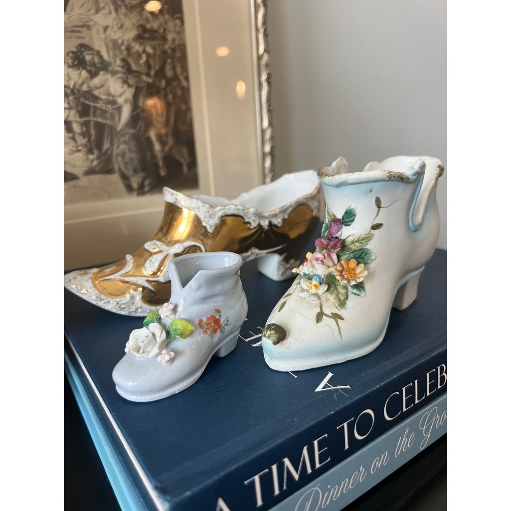 Set of 3 Vintage Porcelain Shoe Planters – Floral, Gold, & Mini‎ Boot